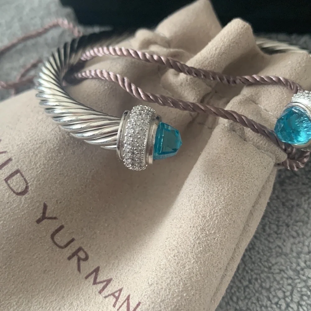 David Yurman Silver Cable Bracelet with Blue Topaz Terminals - Picture 9 of 10